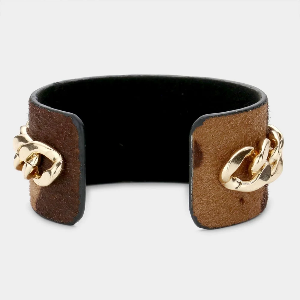 Gold Chain Link Animal Cow Print HoneyBee Cuff Dark Brown Statement Bracelet